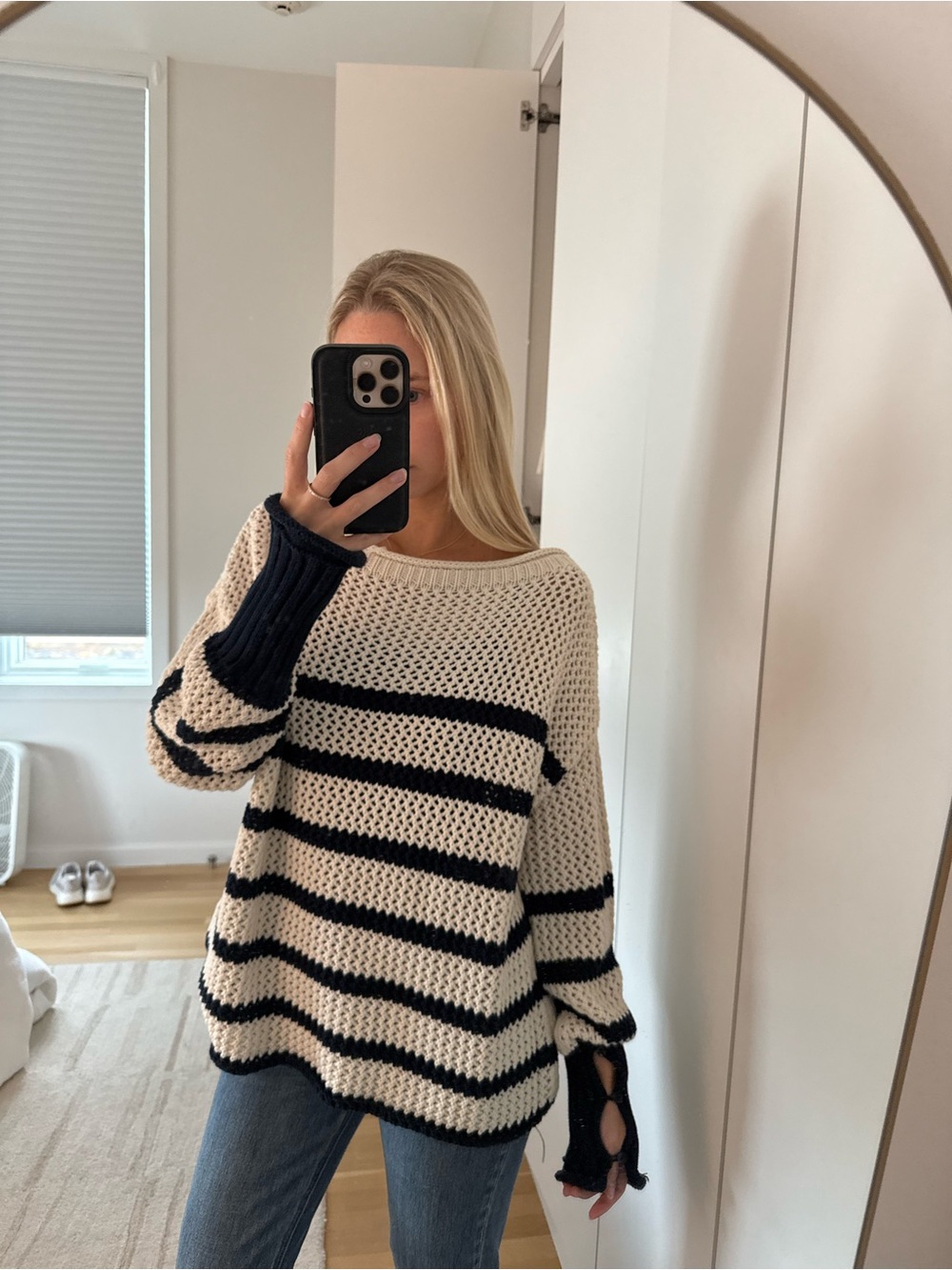 Zara Cream and Black Striped Open-Knit Sweater